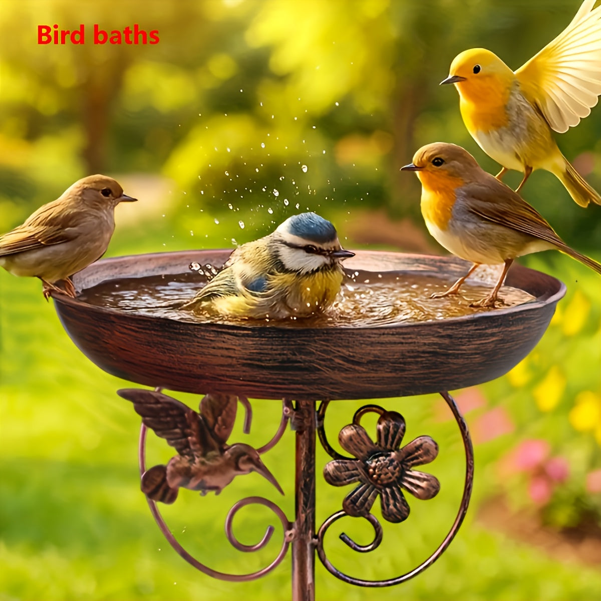 Bird Bath with Sunflower and Hummingbird Accents, Bronze Metal Outdoor Basin with 5-Claw Ground Stake for Garden and Backyard Decor, No Fountain