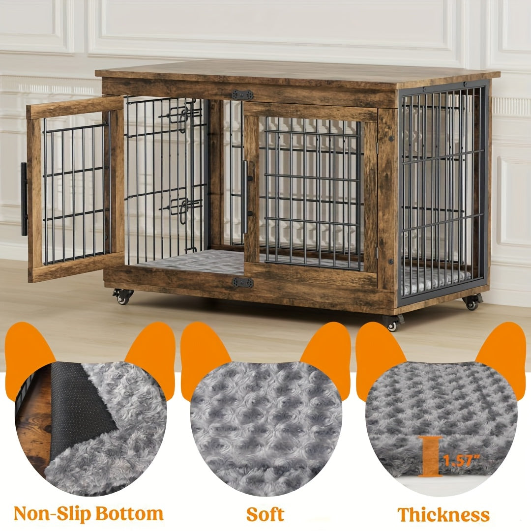 Wooden Dog Crate Furniture with Cushion Mat, 4 Sizes, Metal Bar Kennel End Table with Secure Lock, Reversible Side Door, Wheels or Anti-Slip Feet, Gray or Brown for S to XL Dogs