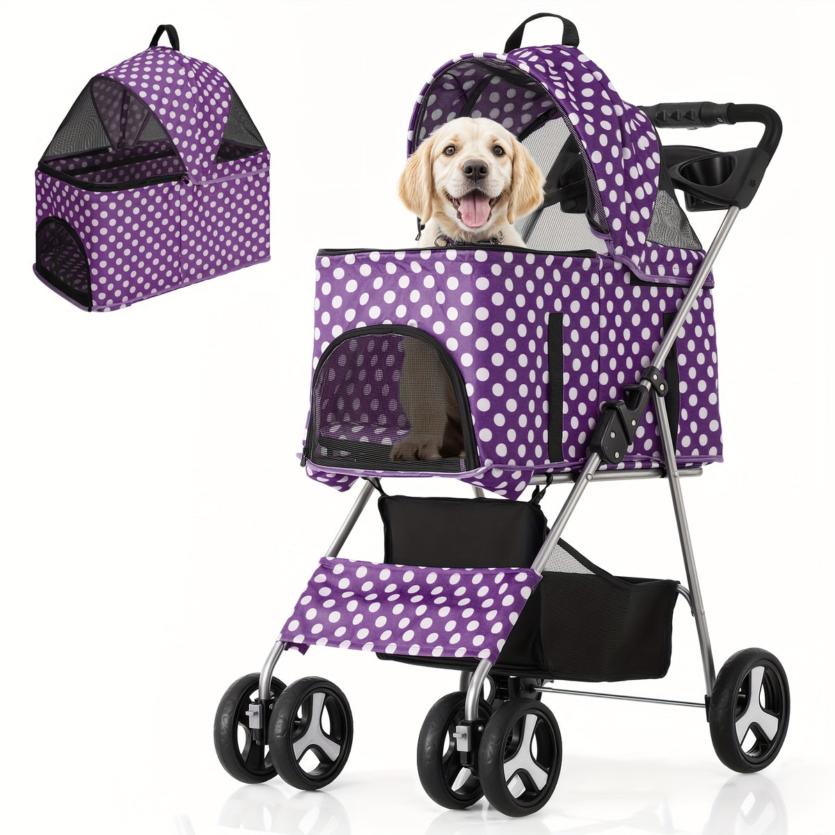 Dog Stroller for Pets up to 33 lbs, 3-in-1 Foldable Pushchair with Detachable Carrier, Car Seat Mode, Push-Button Entry and Mesh Canopy
