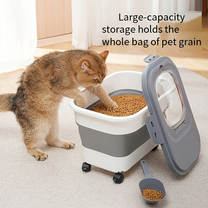Foldable Dog Food Storage Container with Wheels, Airtight Pet Kibble Bin with Measuring Cup and Scoop, 5-30 lb Capacity for Dogs and Cats