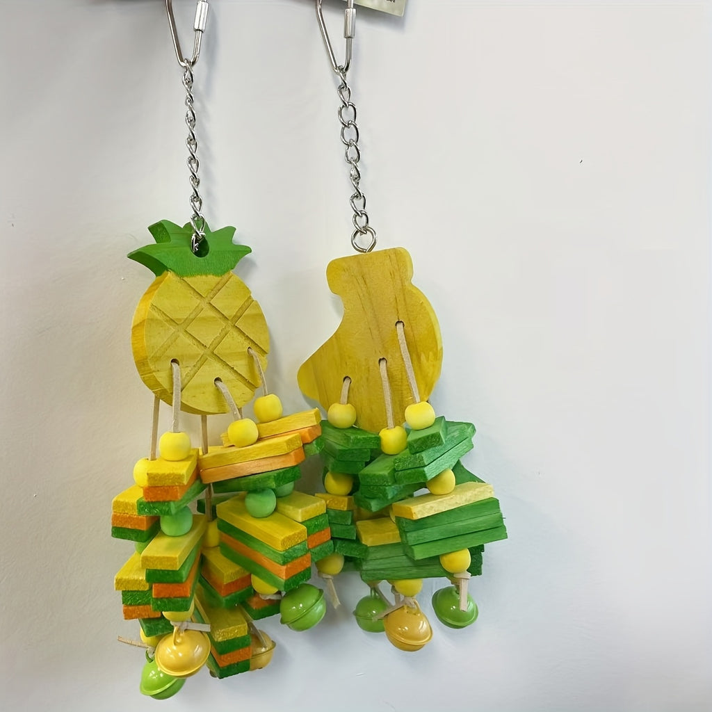 Fruit Shaped Bird Chew Toy Set with Pineapple and Banana Designs, Colorful Wooden Blocks, Beads and Bells for Supervised Parrot Cage Enrichment