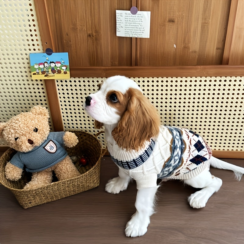 Fair Isle Dog Sweater, Cable Knit Turtleneck Winter Pullover in Beige or Blue, XS-XL Pet Clothing for Cozy Indoor Wear and Cool Weather Walks