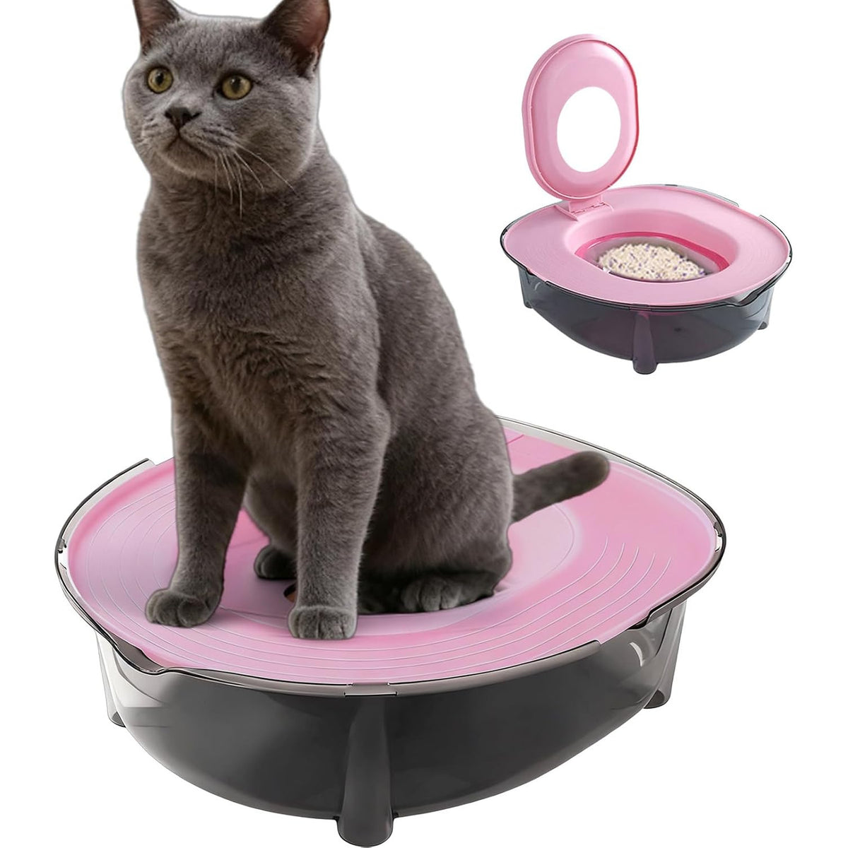 Cat Litter Pan Set with Bottom Bowl, Removable Anti-Splash Kitten Toilet for Home and Apartment Potty Routines, Blue Pink or Yellow