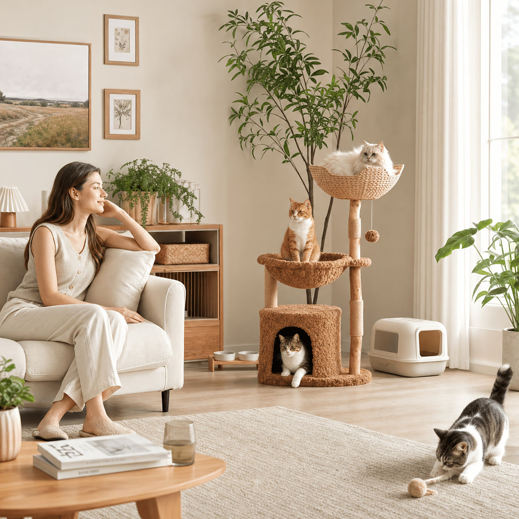 Flower Cat Tree with Floral Perches and Scratching Posts, Wooden Bohemian Indoor Cat Tower Furniture in White and Brown Style Options