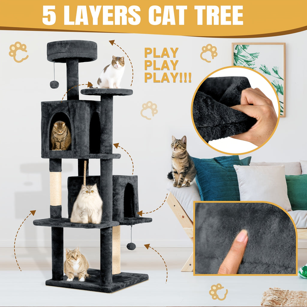 Cat Tower for Indoor Cats 59 Inch, Multi-Level Cat Tree with 2 Condos, Round Top Perch, Sisal Scratching Posts and Hanging Ball Toy, Plush Cat Furniture in 5 Colors