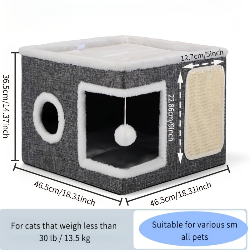 Foldable Cat Cube House for Indoor Cats, Canvas Hideaway Bed with Nylon Frame, Hanging Plush Ball and Four Style Options for Rest and Play