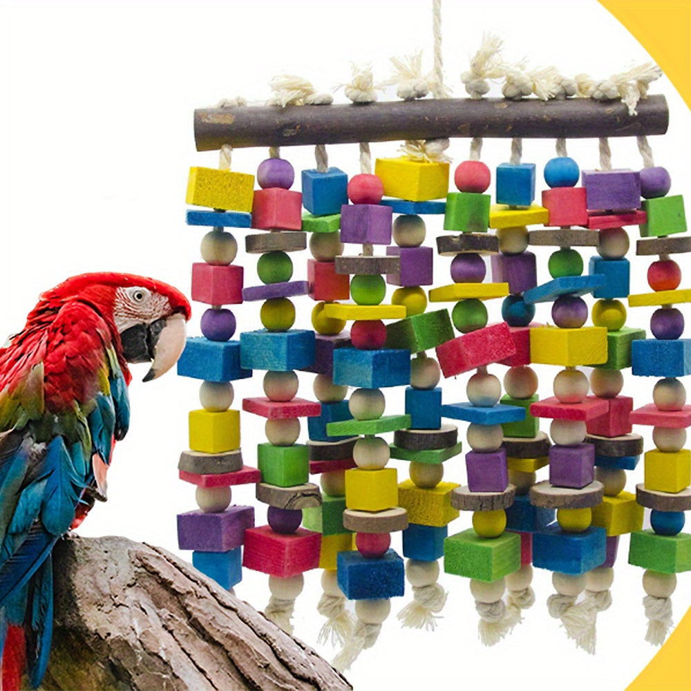 Hanging Parrot Chew Toy with Multicolored Wooden Blocks, 15.74 x 9.84 Inch Bird Cage Enrichment for Macaws, Cockatoos and African Greys