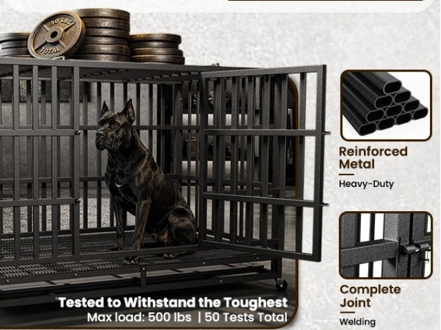 Heavy Duty Dog Crate with Top Opening, Black Steel Kennel in 42 or 48 Inch Models with Front Door, Lockable Wheels and Removable Cleaning Tray