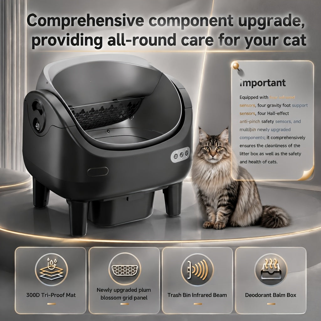 Sensor Equipped Self Cleaning Litter Box with Open Design, Extra Large Automatic Cat Toilet and Large Waste Compartment for Multi-Cat Homes