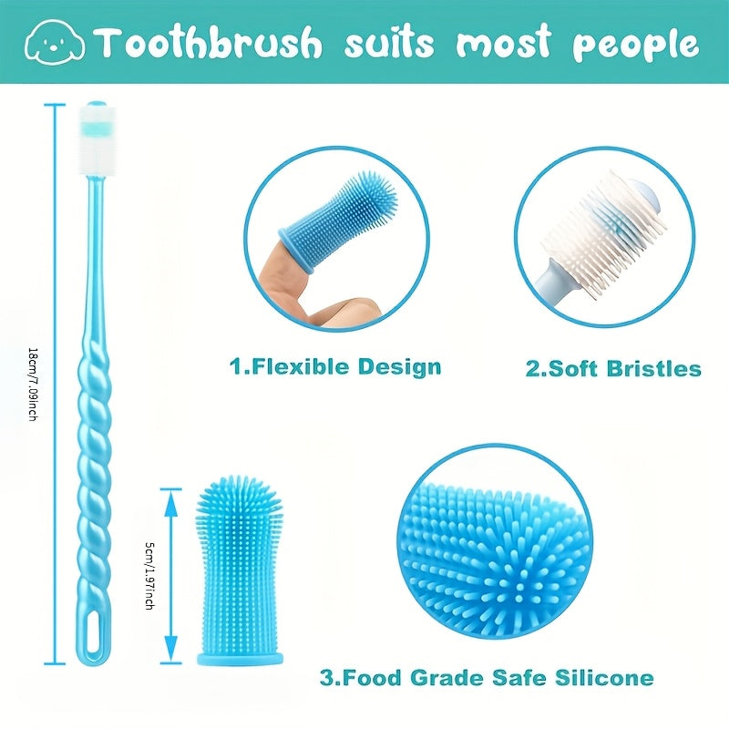 Dog Toothbrush Set, 3-Piece Silicone Pet Dental Care Kit with Finger Brush and Fine Bristle Brush, 360-Degree Design for Dogs and Cats