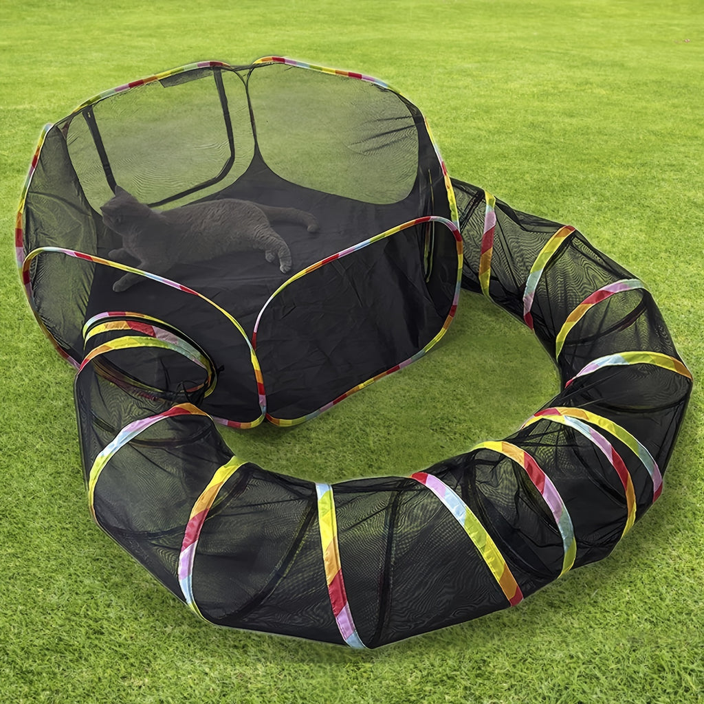 Portable Cat Catio with Circle Tunnel, Rainbow Mesh Tent and Playpen for Indoor Cats and Kittens, Supervised Backyard Exploration with Storage Bag