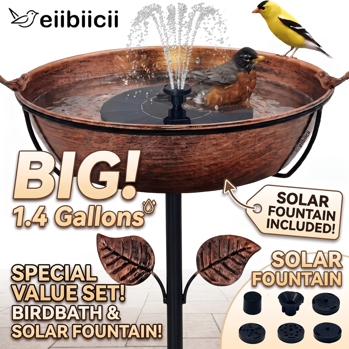 Outdoor Bird Bath with Removable Basin, 0.7 or 1.4 Gallon Garden Birdbath with Ground Stake, Decorative Bird Accents and Optional Solar Sprayer