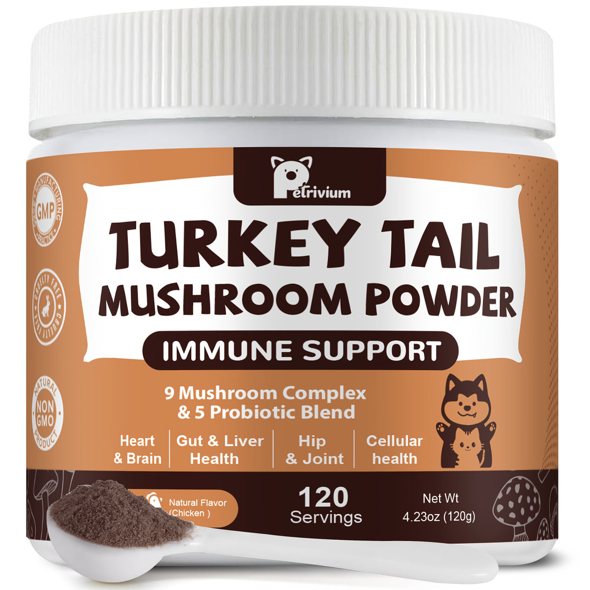 Turkey Tail Mushroom Supplement for Dogs and Cats with Probiotics, 120g 4.23 oz Pet Mushroom Powder for Veterinarian-Guided Supplement Routines