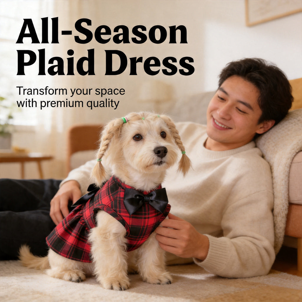 Plaid Dog Dress with Bow for Dogs and Cats, Red Academic Style Pet Outfit in XS–XXL with Random Poop Bag Dispenser and 4 Bells