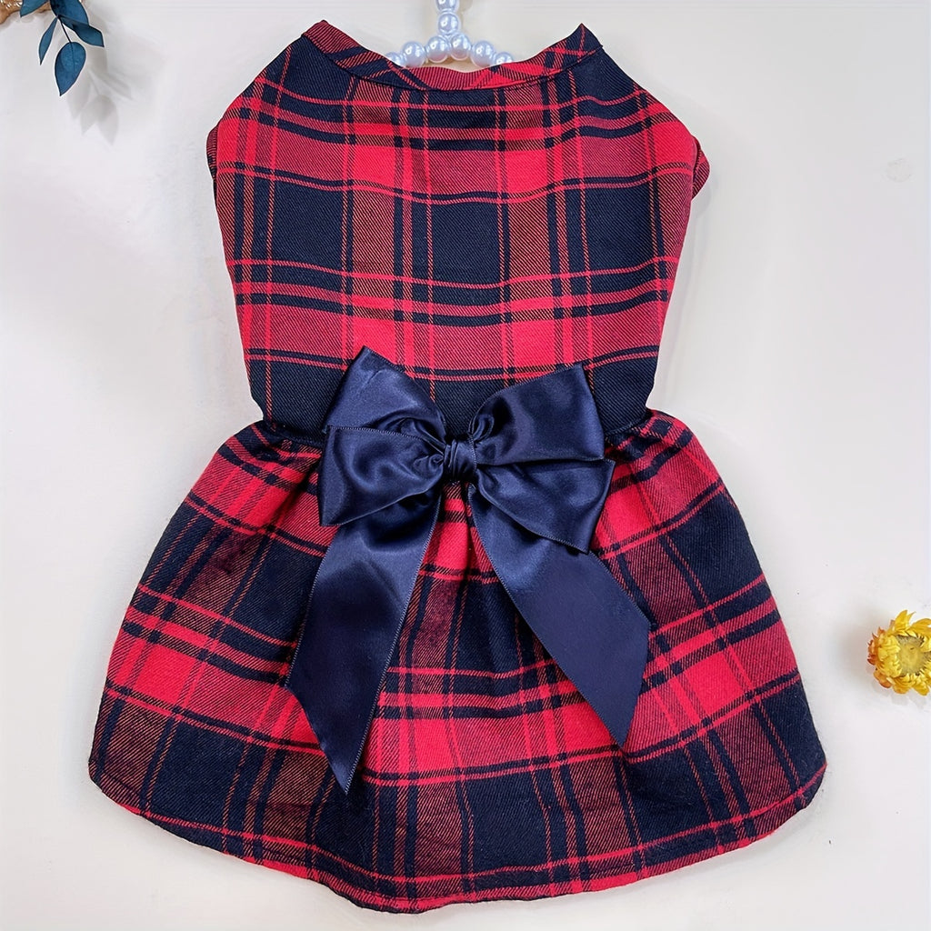 Plaid Dog Dress with Bow for Dogs and Cats, Red Academic Style Pet Outfit in XS–XXL with Random Poop Bag Dispenser and 4 Bells