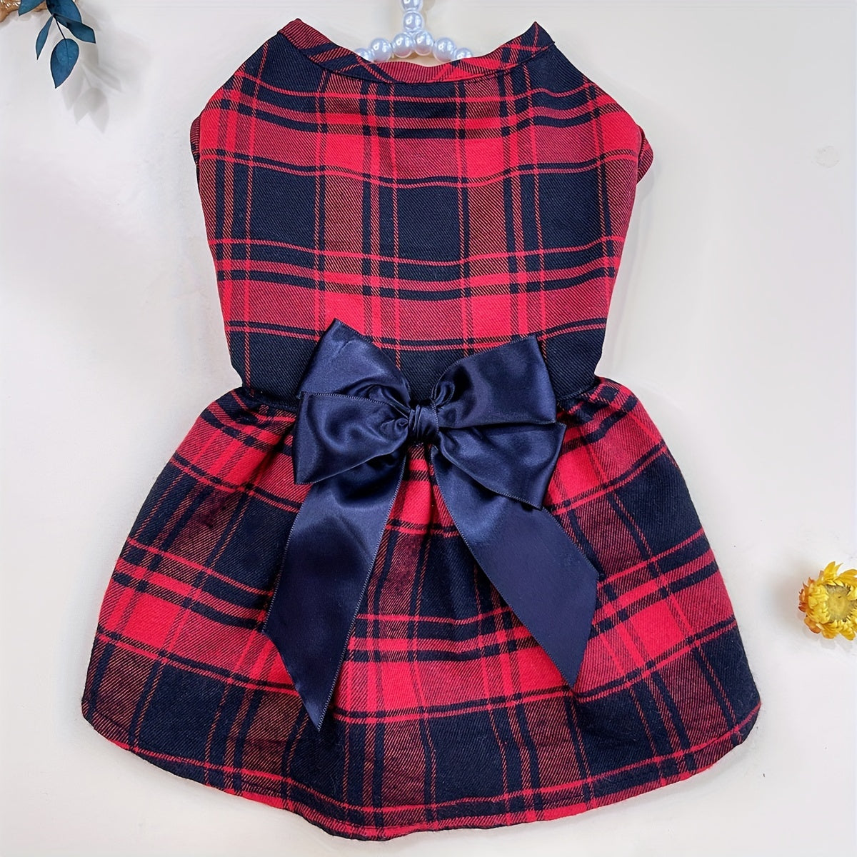 Plaid Dog Dress with Bow for Dogs and Cats, Red Academic Style Pet Outfit in XS–XXL with Random Poop Bag Dispenser and 4 Bells