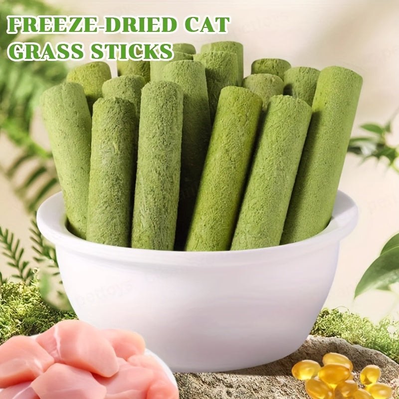 Cat Grass Treat Sticks, Freeze-Dried Chew Snacks in 15 or 30 Piece Packs for Supervised Cat Treat Breaks, Everyday Rewards and Gift Baskets