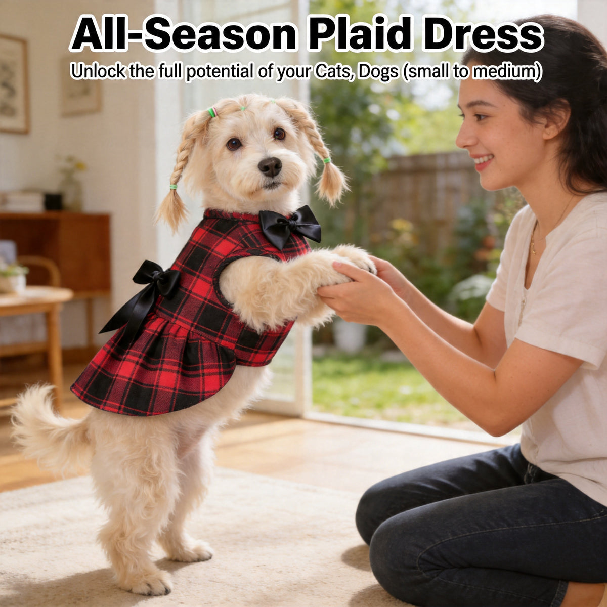 Plaid Dog Dress with Bow for Dogs and Cats, Red Academic Style Pet Outfit in XS–XXL with Random Poop Bag Dispenser and 4 Bells